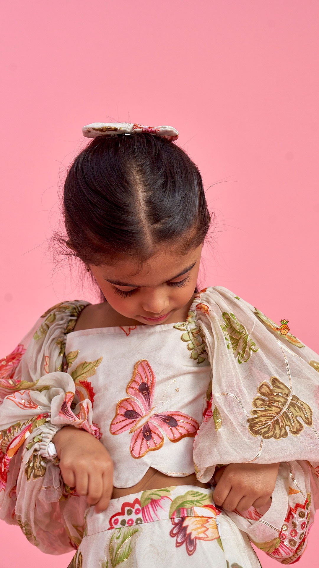 Printed Embroidered Crop Top And Umbrella Style Flared Lehenga With Matching Hairclip