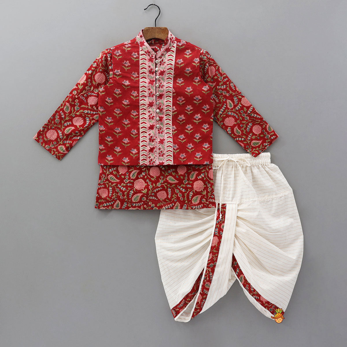 Ethnic Kurta With Loop Buttons Detail Jacket And Dhoti