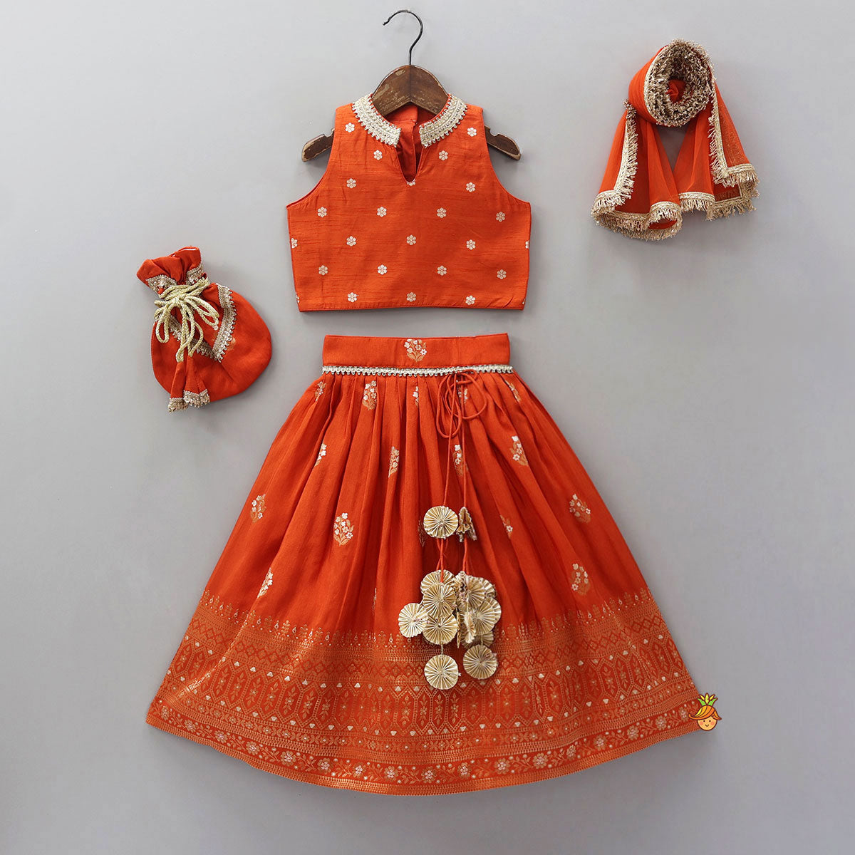 Beautiful Floral Motif Work Top And Lehenga With Matching Dupatta And Potli Bag