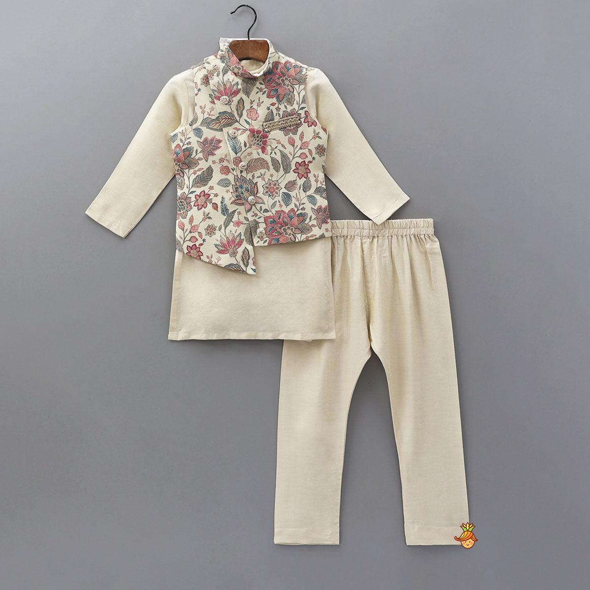 Kurta And Diagonal Button Detail Jacket With Pyjama