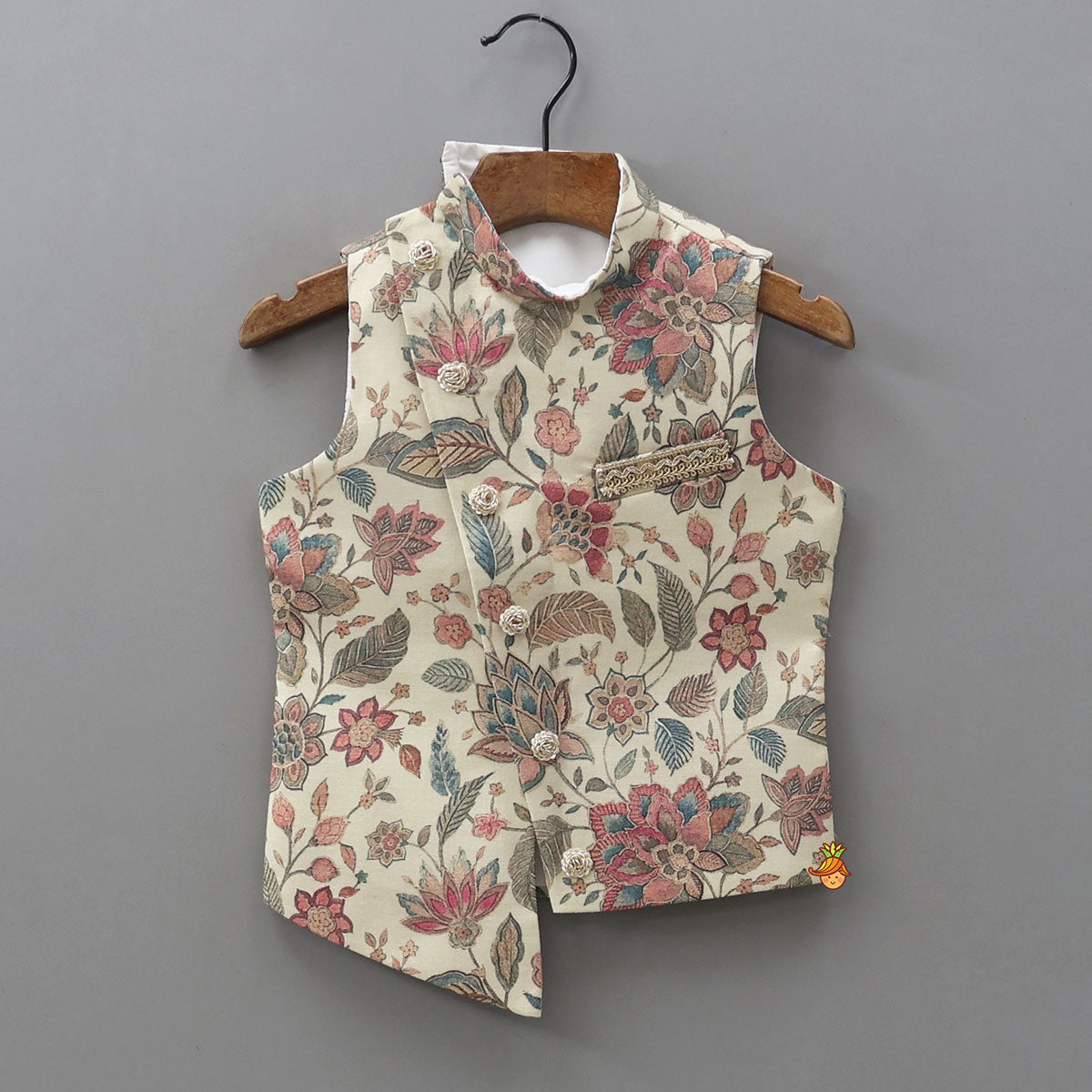 Kurta And Diagonal Button Detail Jacket With Pyjama