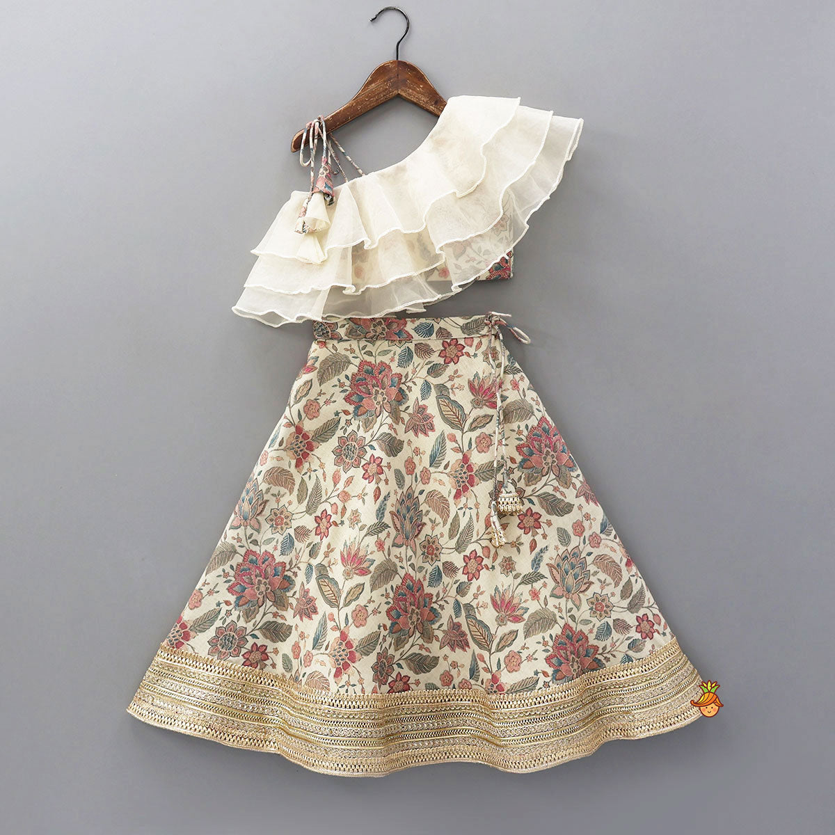 One-Shoulder Organza Layered Top And Lehenga