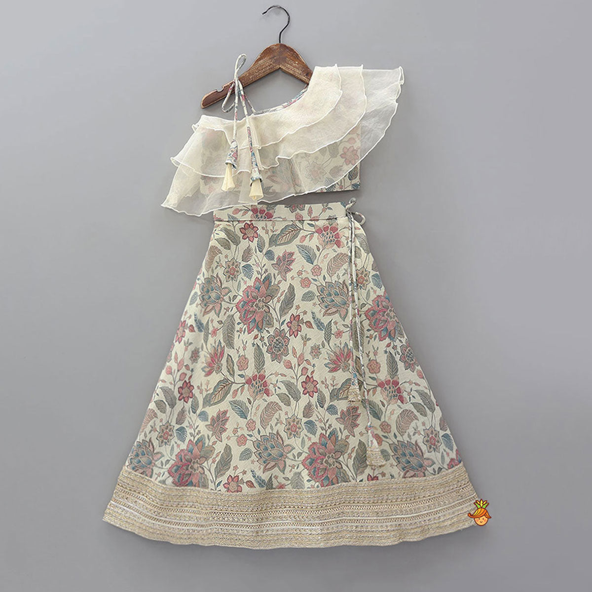 One-Shoulder Organza Layered Top And Lehenga