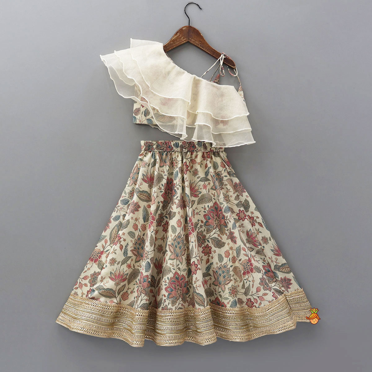 One-Shoulder Organza Layered Top And Lehenga