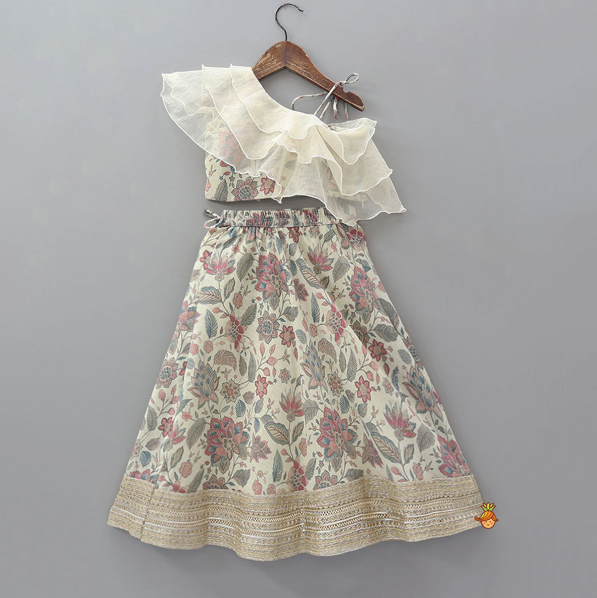 One-Shoulder Organza Layered Top And Lehenga