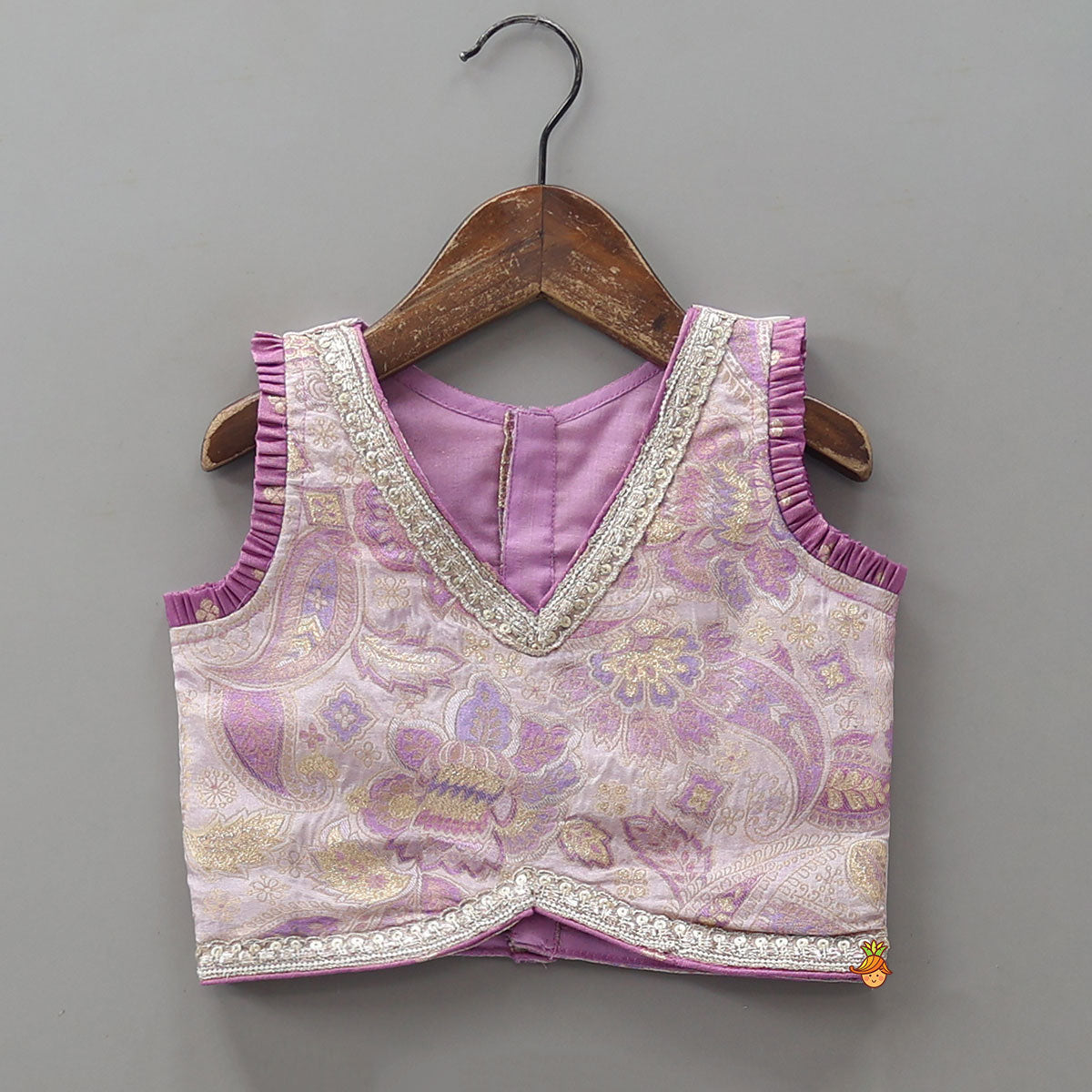 Pleated Armhole Top And Shimmery Lehenga With Matching Net Dupatta