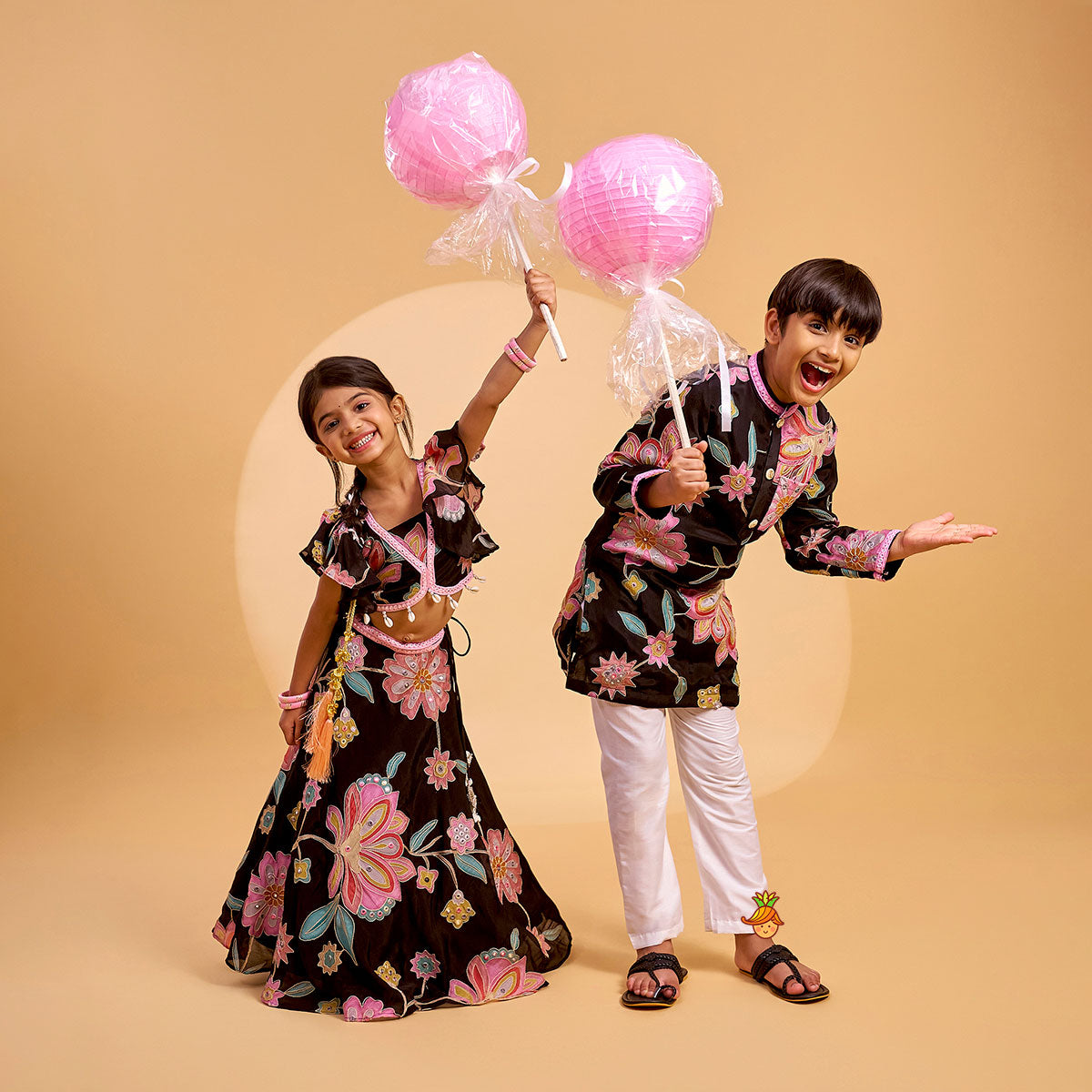 Floral Printed And Embroidered Top With Matching Lehenga And Organza Dupatta twinning model image 3