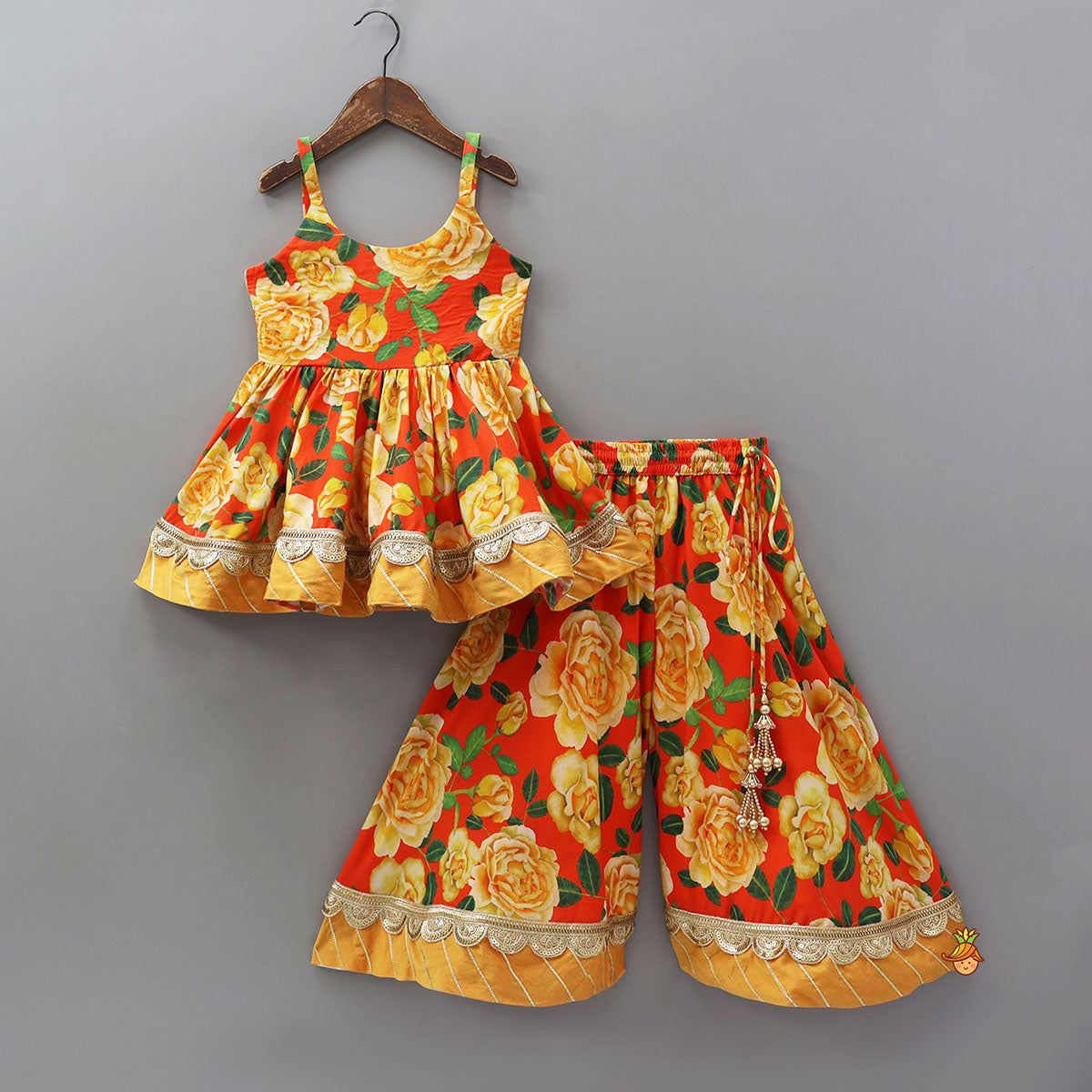 Beautifully Printed Strappy Kurti With Flared Palazzo And Matching Dupatta