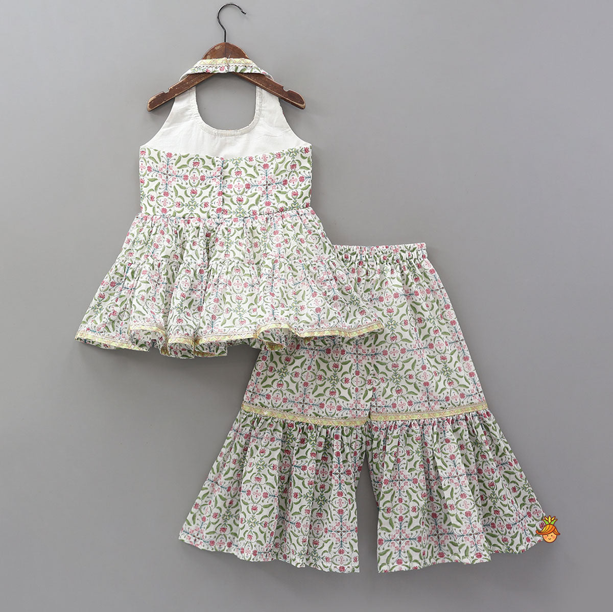 Halter Neck Printed Kurti And Sharara With Contrasting Dupatta