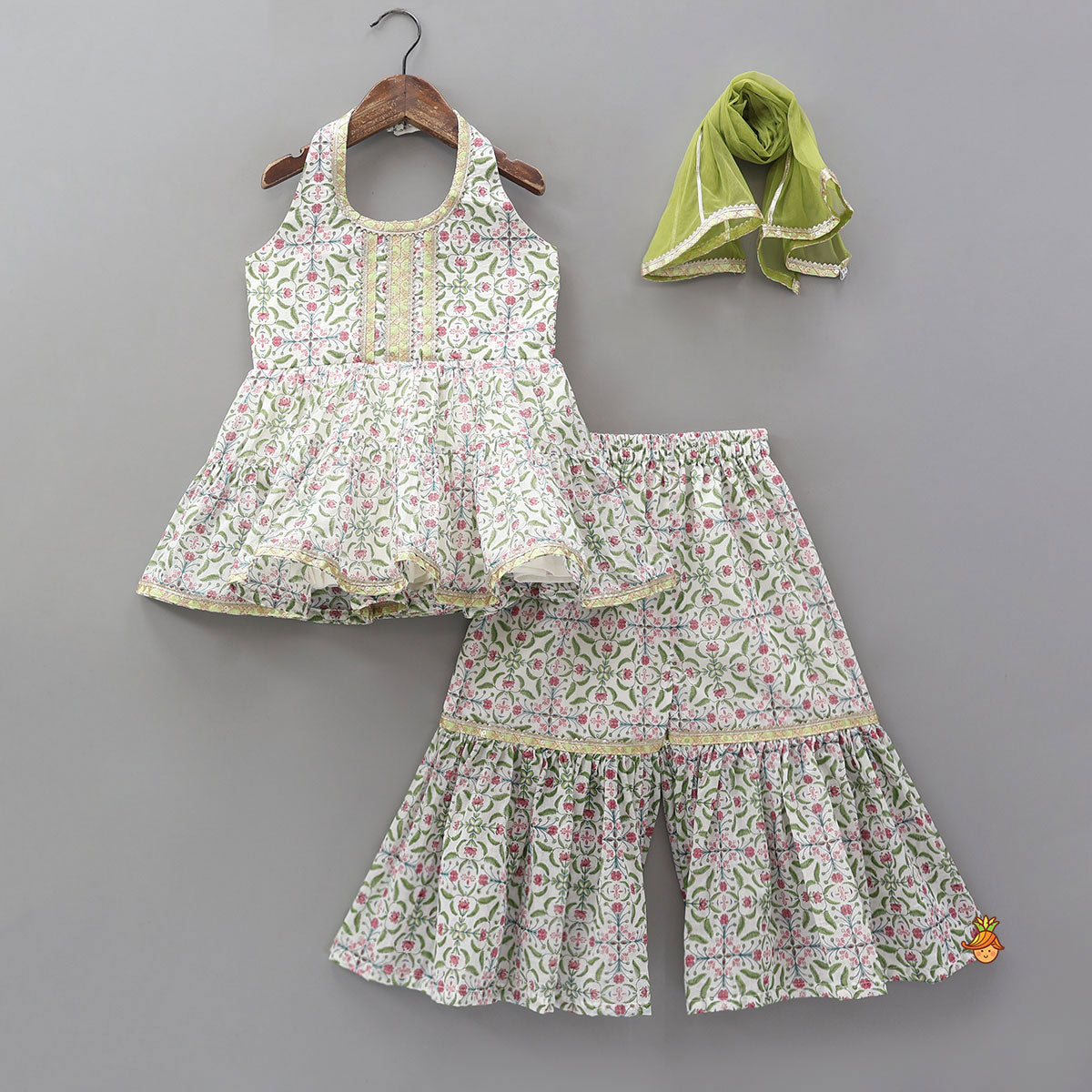 Halter Neck Printed Kurti And Sharara With Contrasting Dupatta