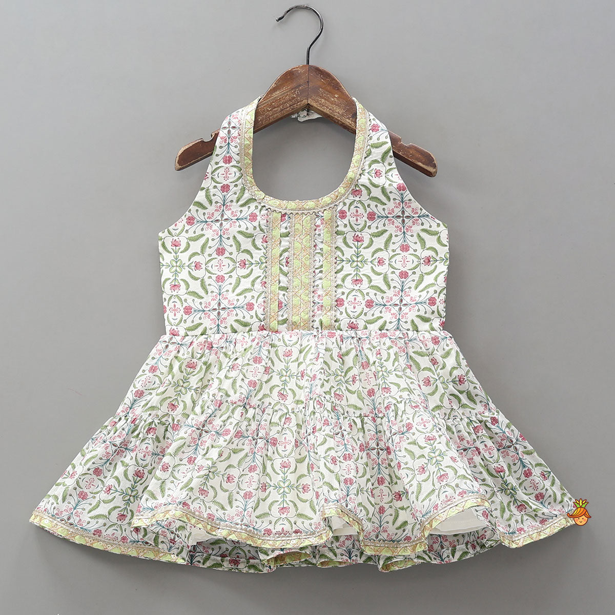 Halter Neck Printed Kurti And Sharara With Contrasting Dupatta