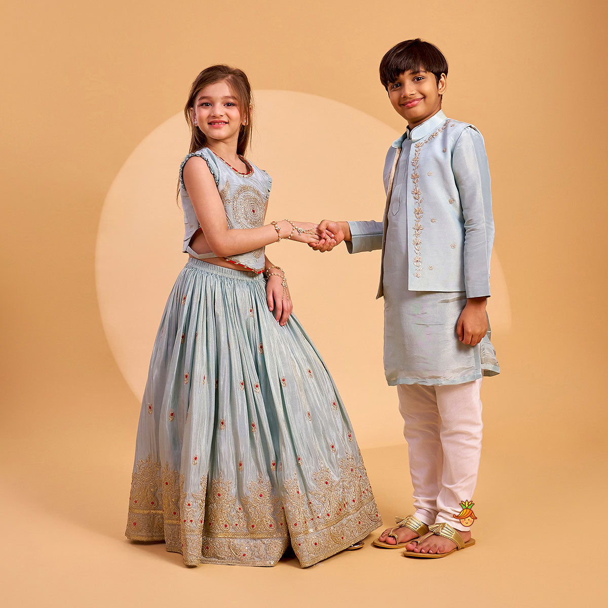 Embroidered Shimmer Crop Top And Lehenga With Net Dupatta twinning model image 1