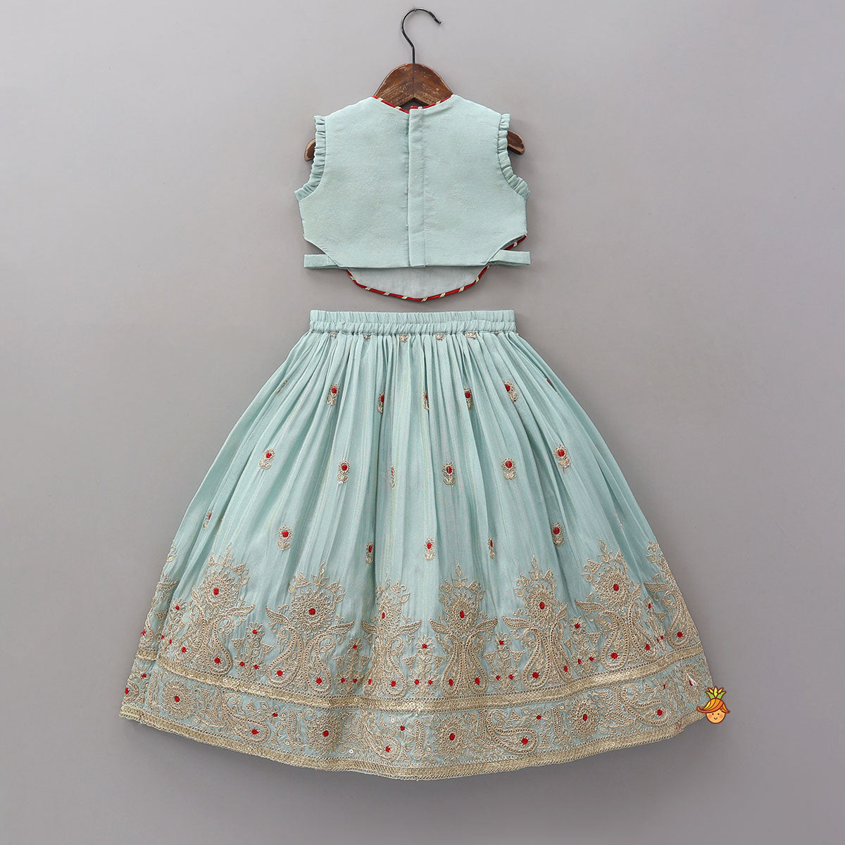 Embroidered Shimmer Top And Lehenga With Net Dupatta