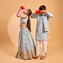 Embroidered Shimmer Crop Top And Lehenga With Net Dupatta twinning model image 3