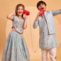 Embroidered Shimmer Crop Top And Lehenga With Net Dupatta twinning model image 4