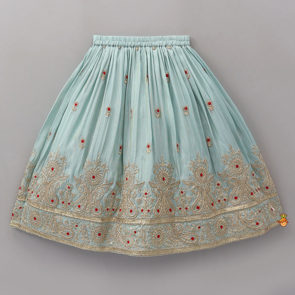 Embroidered Shimmer Top And Lehenga With Net Dupatta