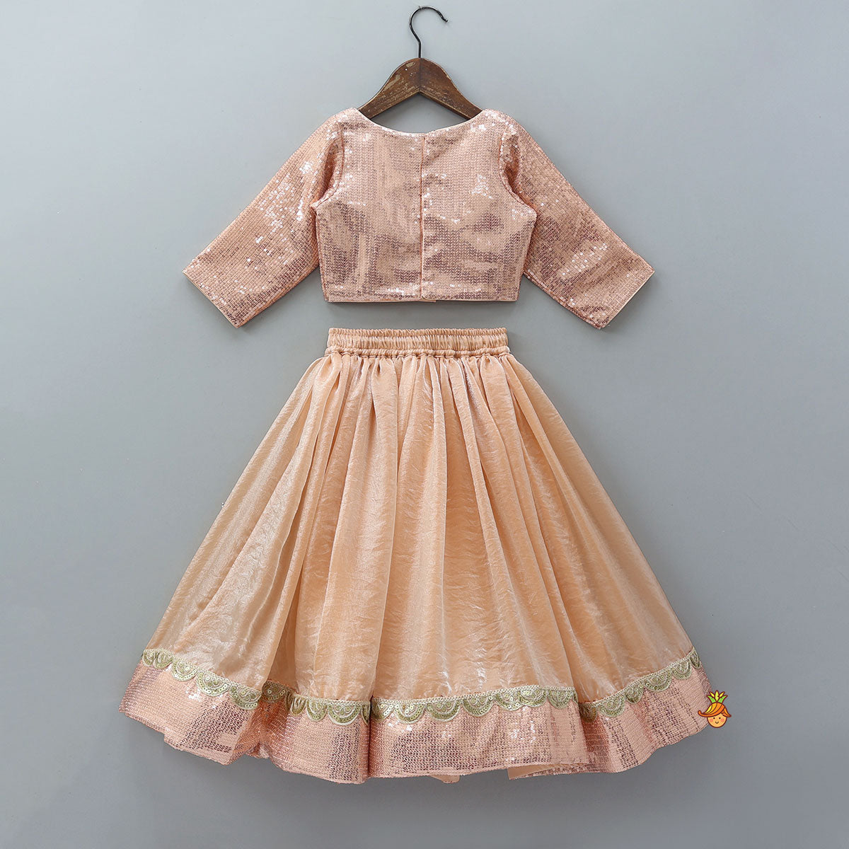 Sequined Crop Top And Matching Sheen Lehenga With Scalloped Lace Work Dupatta