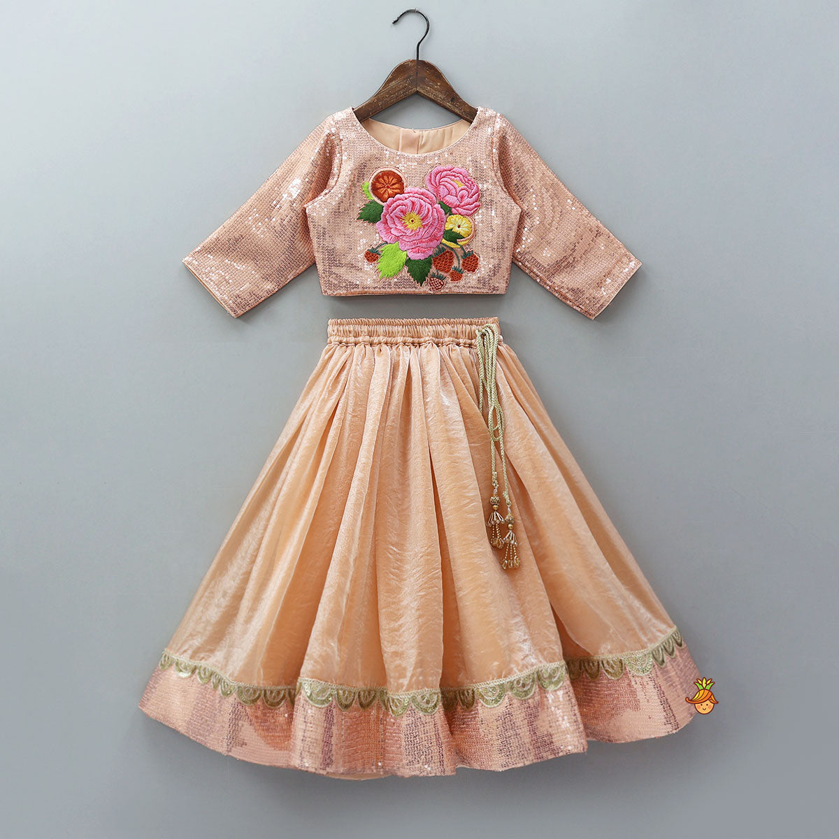 Sequined Crop Top And Matching Sheen Lehenga With Scalloped Lace Work Dupatta