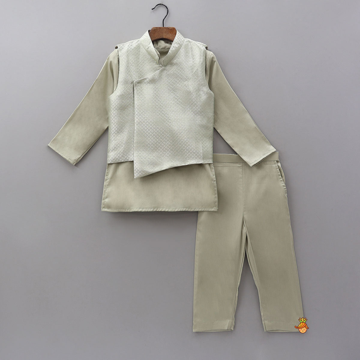 Ethnic Kurta With Front Open Brocade Jacket And Matching Pyjama