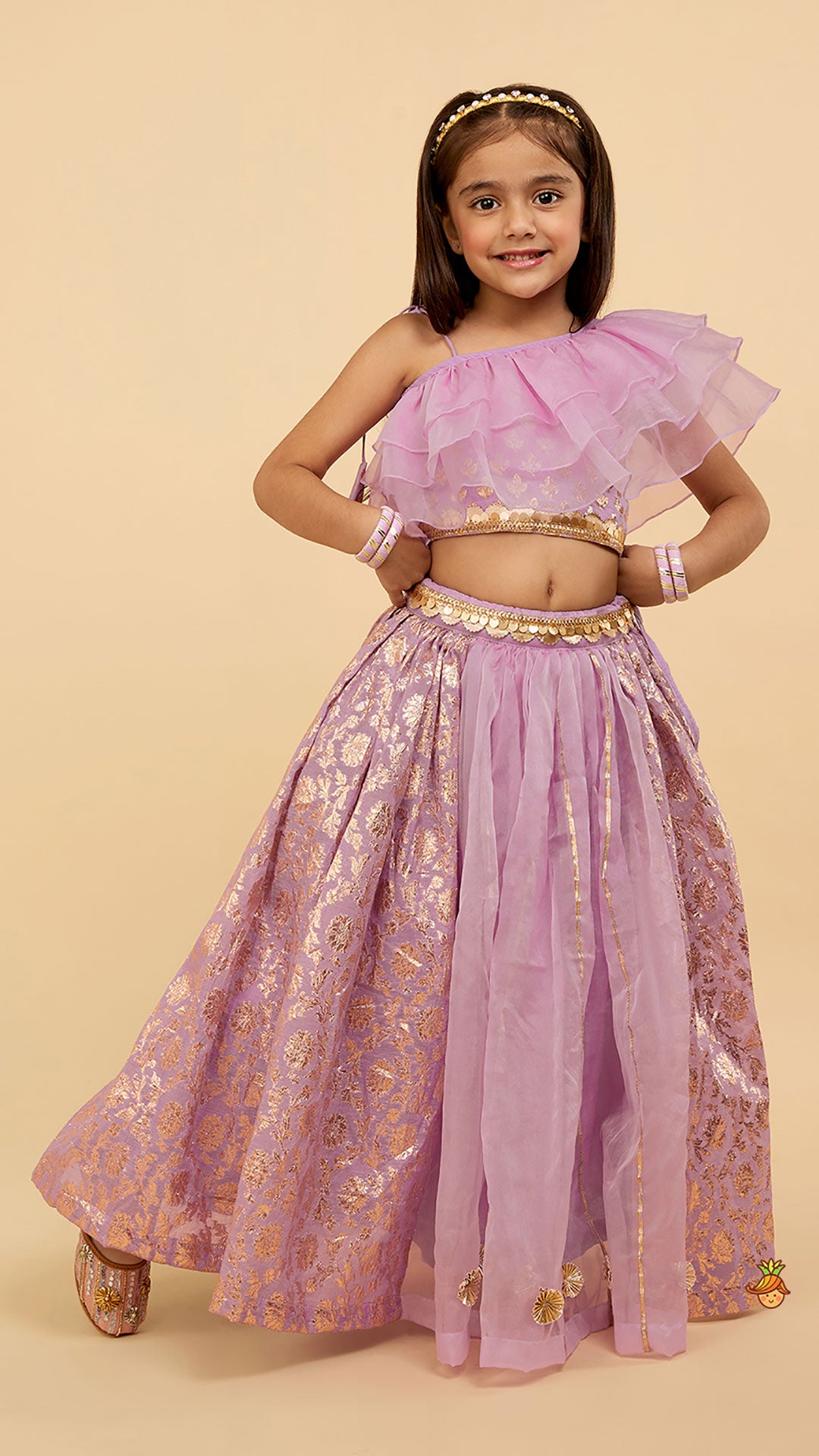 Elegant One Shoulder Crop Top With Lehenga And Gota Lace Detail Dupatta