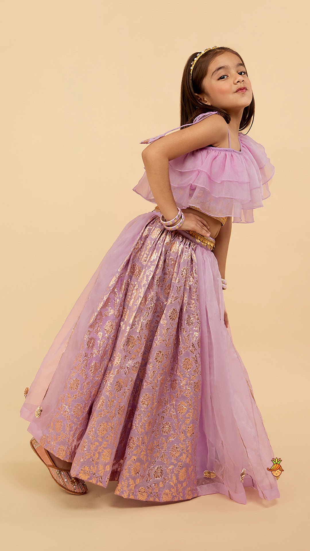 Elegant One Shoulder Crop Top With Lehenga And Gota Lace Detail Dupatta