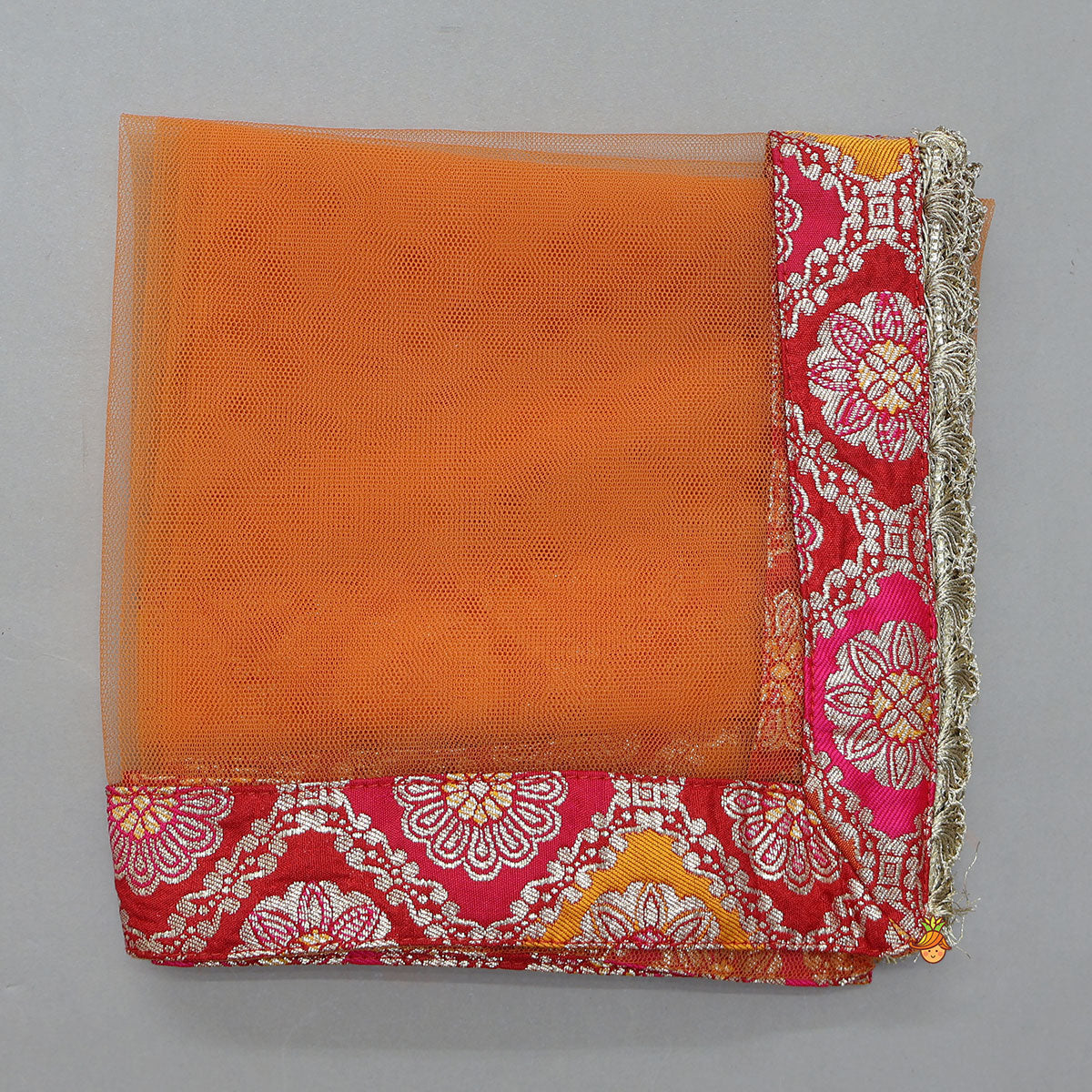 Embroidered Elegant Top And Brocade Lehenga With Matching Net Dupatta And Brocade Potli Bag