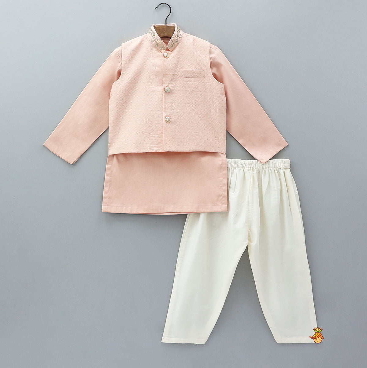 Ethnic Kurta With Embroidered Collar Jacket And Pyjama