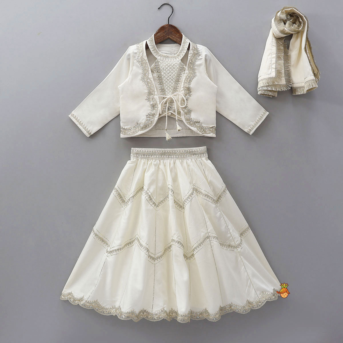 Halter Neck Embellished Top With Matching Jacket And Lehenga With Fringed Dupatta