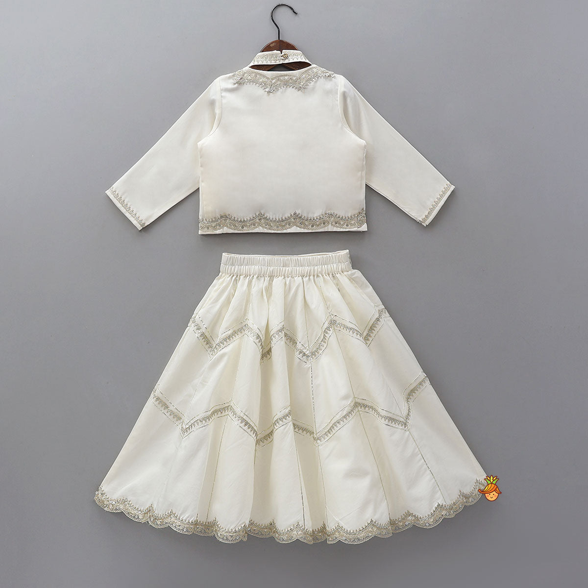 Halter Neck Embellished Top With Matching Jacket And Lehenga With Fringed Dupatta