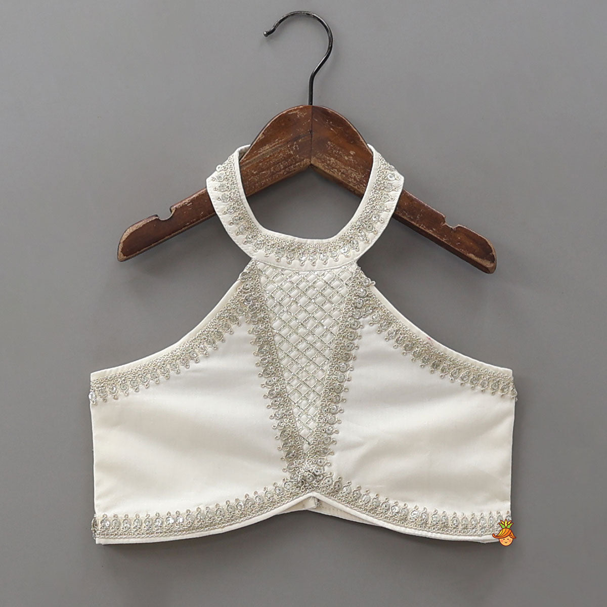 Halter Neck Embellished Top With Matching Jacket And Lehenga With Fringed Dupatta