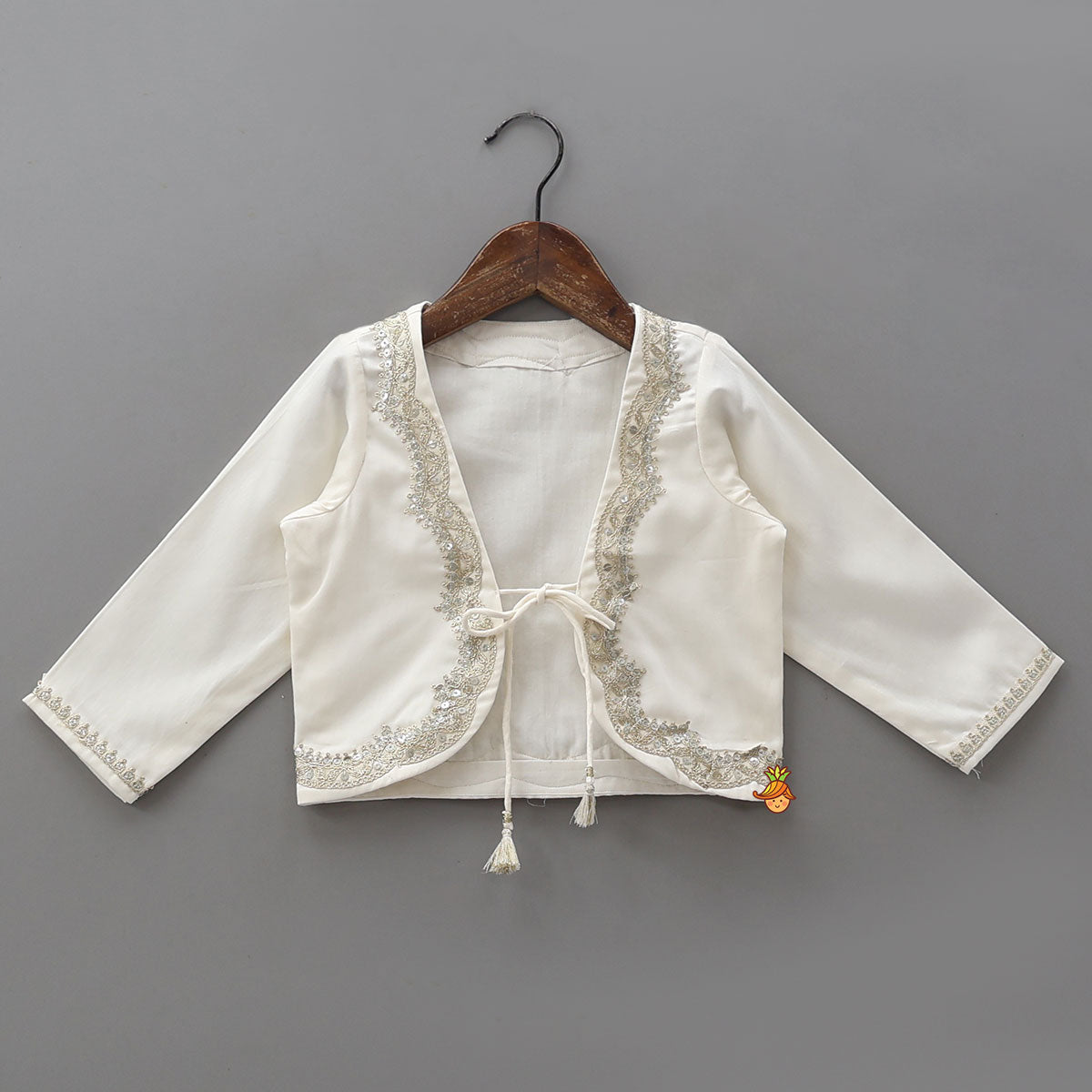 Halter Neck Embellished Top With Matching Jacket And Lehenga With Fringed Dupatta