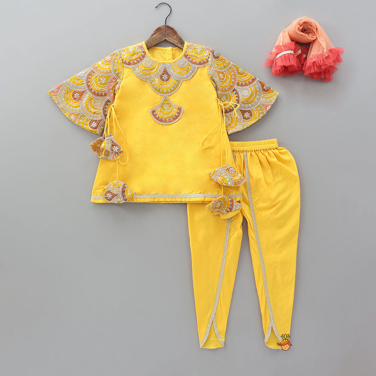 Embroidered Kurti And Tulip Dhoti With Net Dupatta
