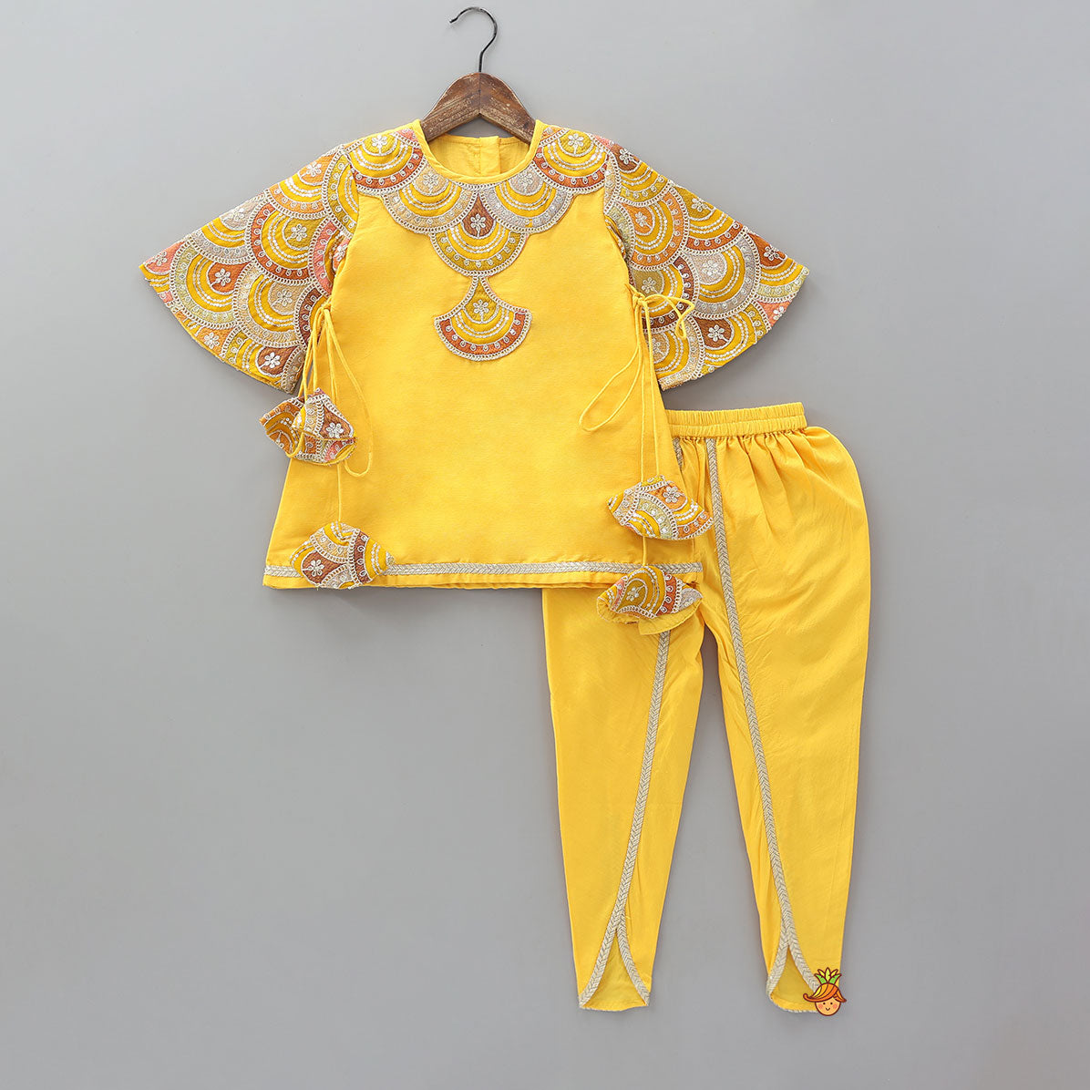 Embroidered Kurti And Tulip Dhoti With Net Dupatta