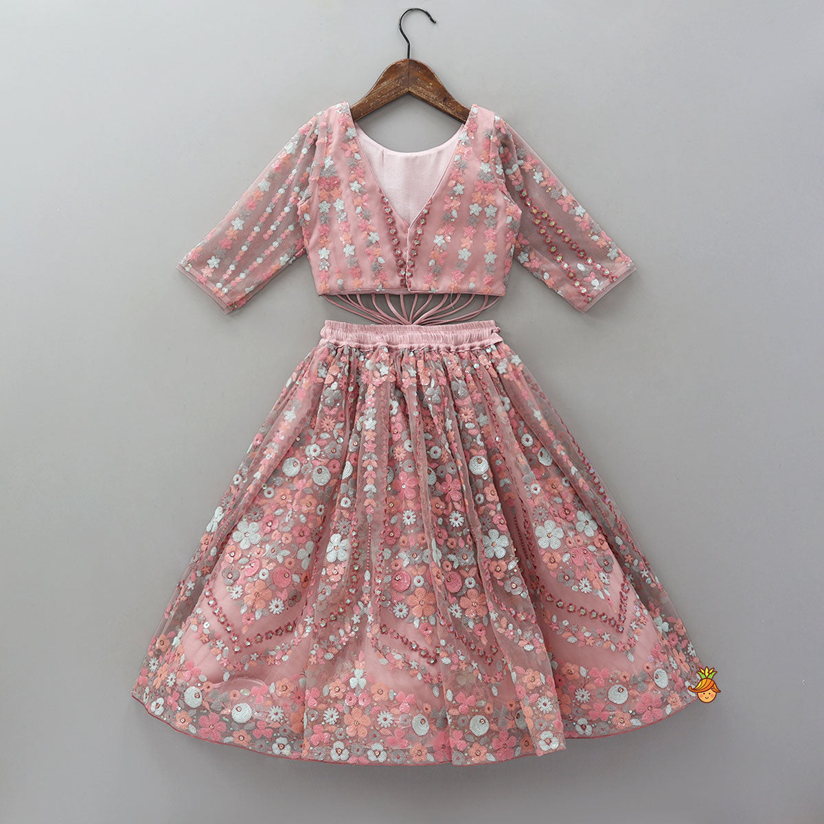 Sequined Crop Top And Lehenga With Net Dupatta