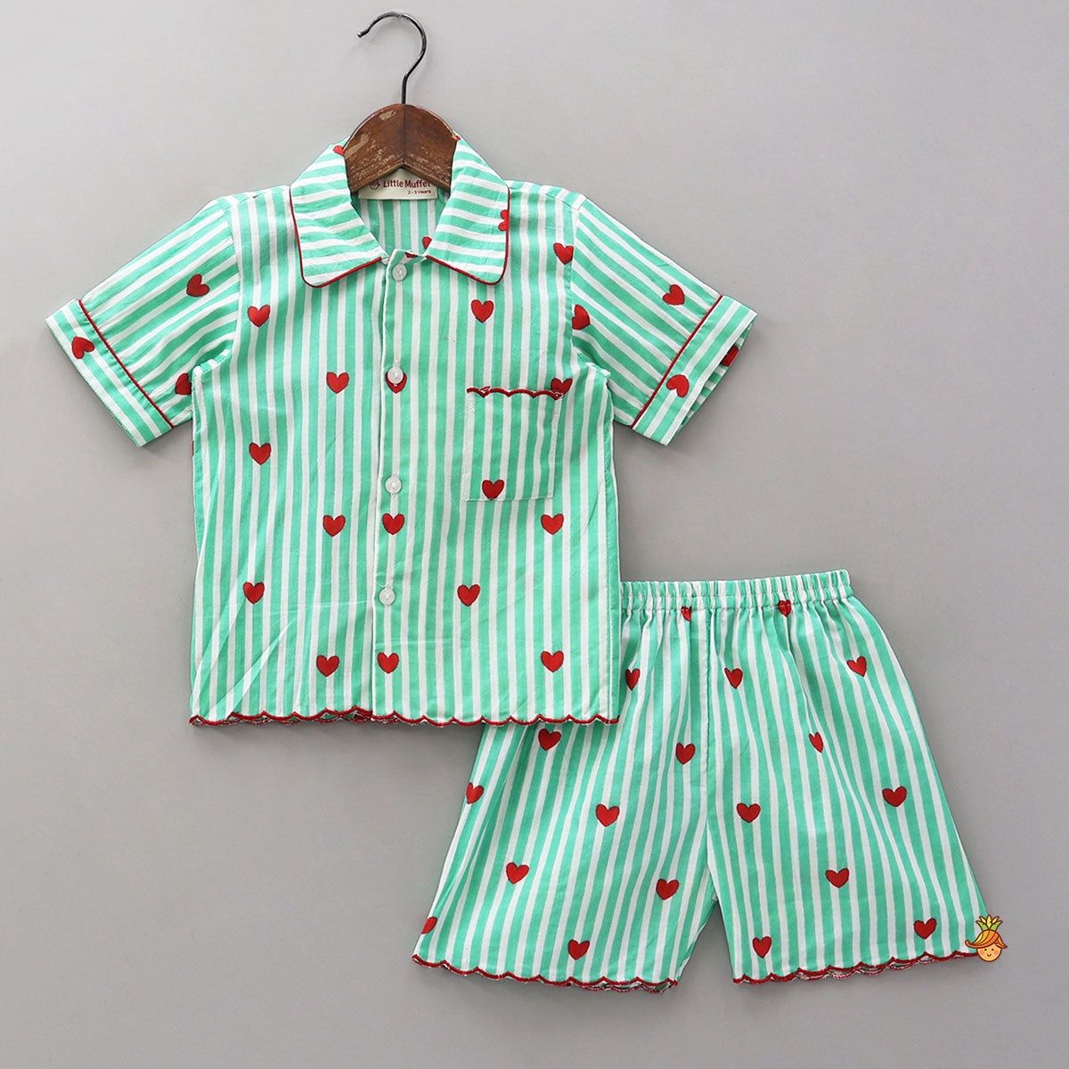 Heart-Printed Scalloped Top And Shorts