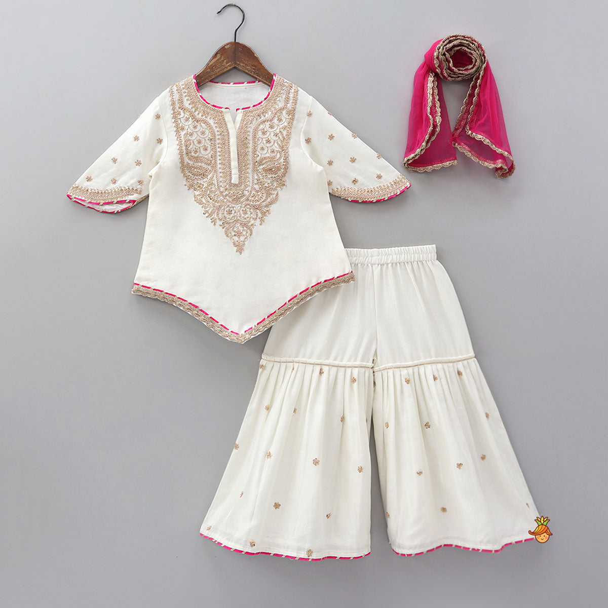 Stylish Sleeves Embroidered Kurti And Sharara With Contrasting Dupatta