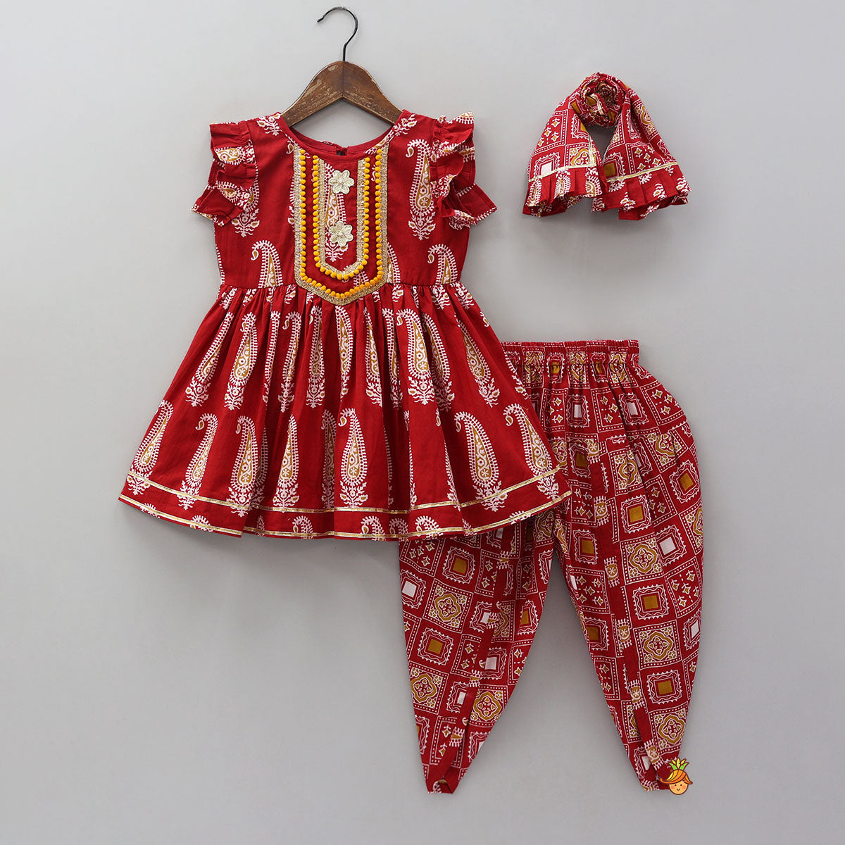 Frilled Sleeves Printed Kurti And Dhoti With Matching Dupatta