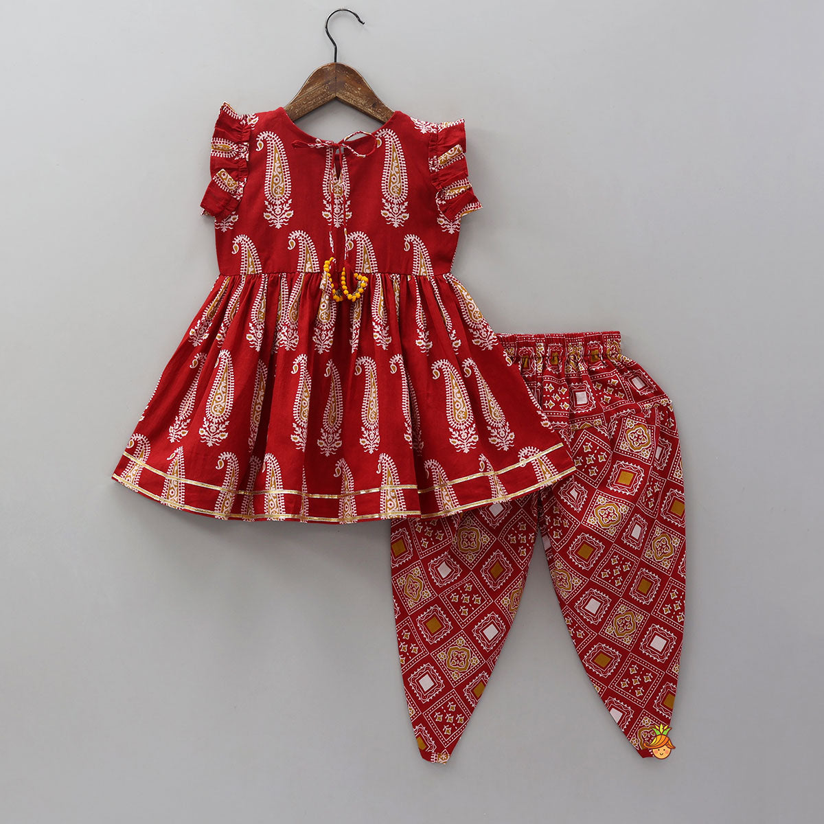 Frilled Sleeves Printed Kurti And Dhoti With Matching Dupatta