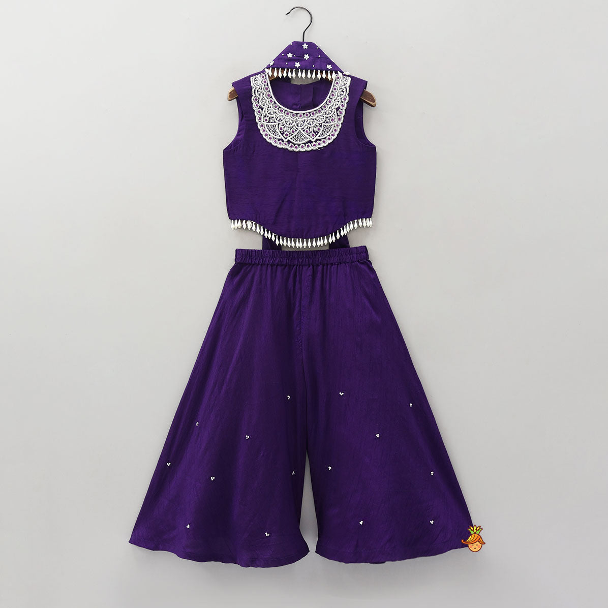 Embroidered Neckline Top And Palazzo With Organza Dupatta