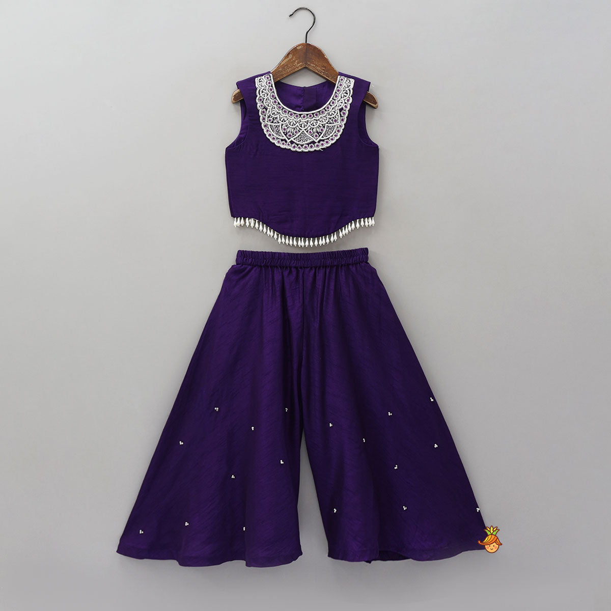 Embroidered Neckline Top And Palazzo With Organza Dupatta