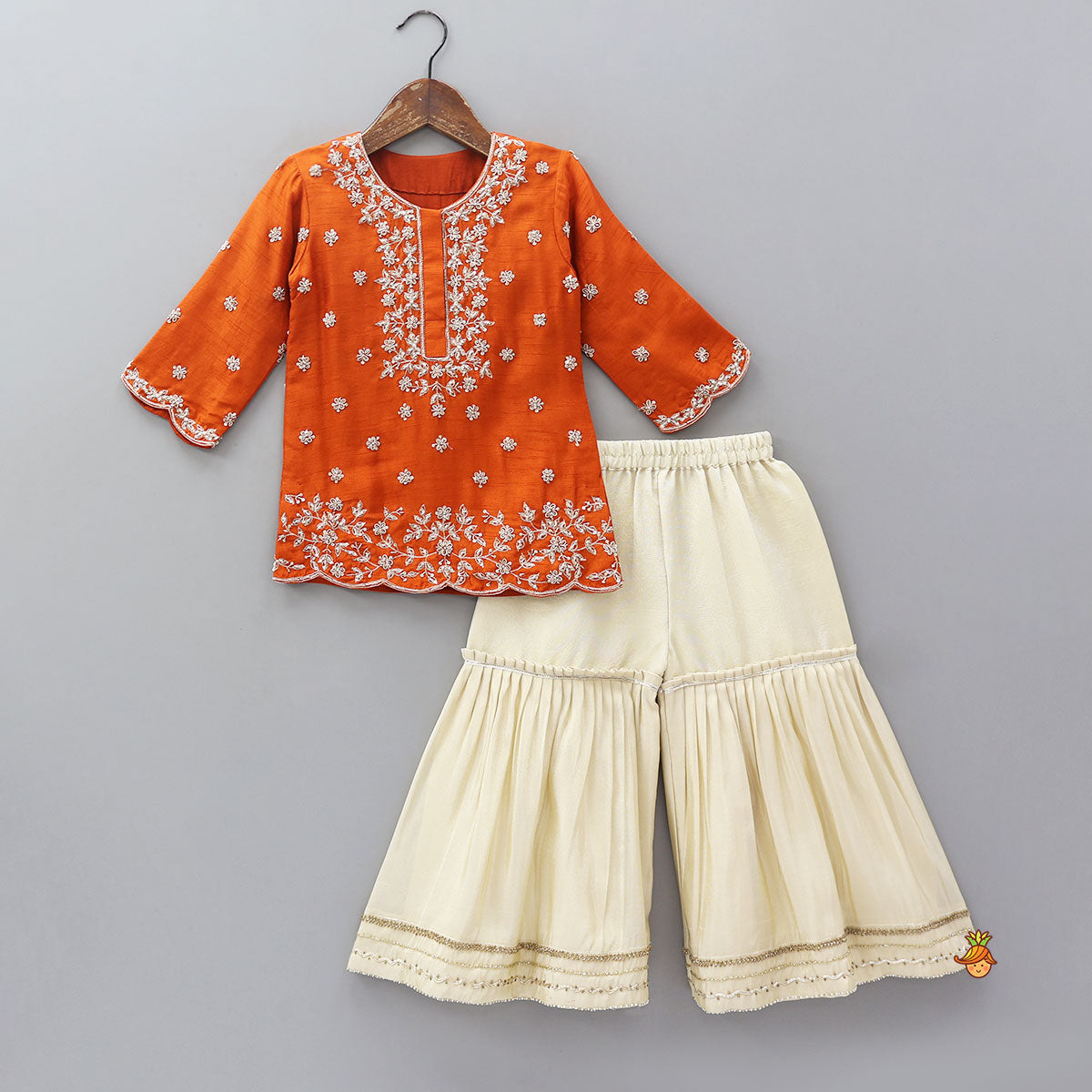 Scalloped Design Embroidered Kurti And Shimmery Sharara With Matching Dupatta