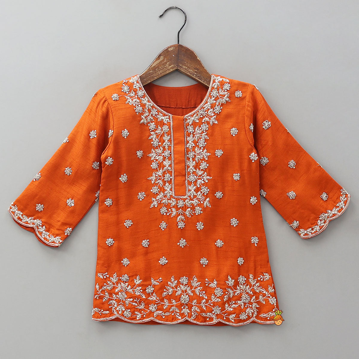 Scalloped Design Embroidered Kurti And Shimmery Sharara With Matching Dupatta