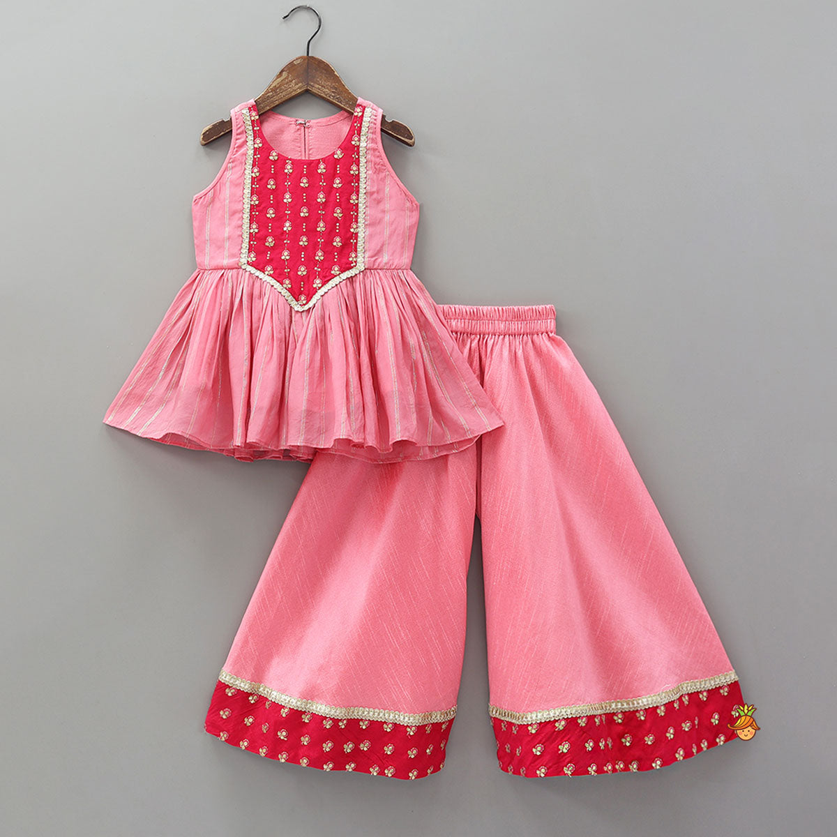 Contrasting Yoke Embroidered Kurti And Flared Palazzo