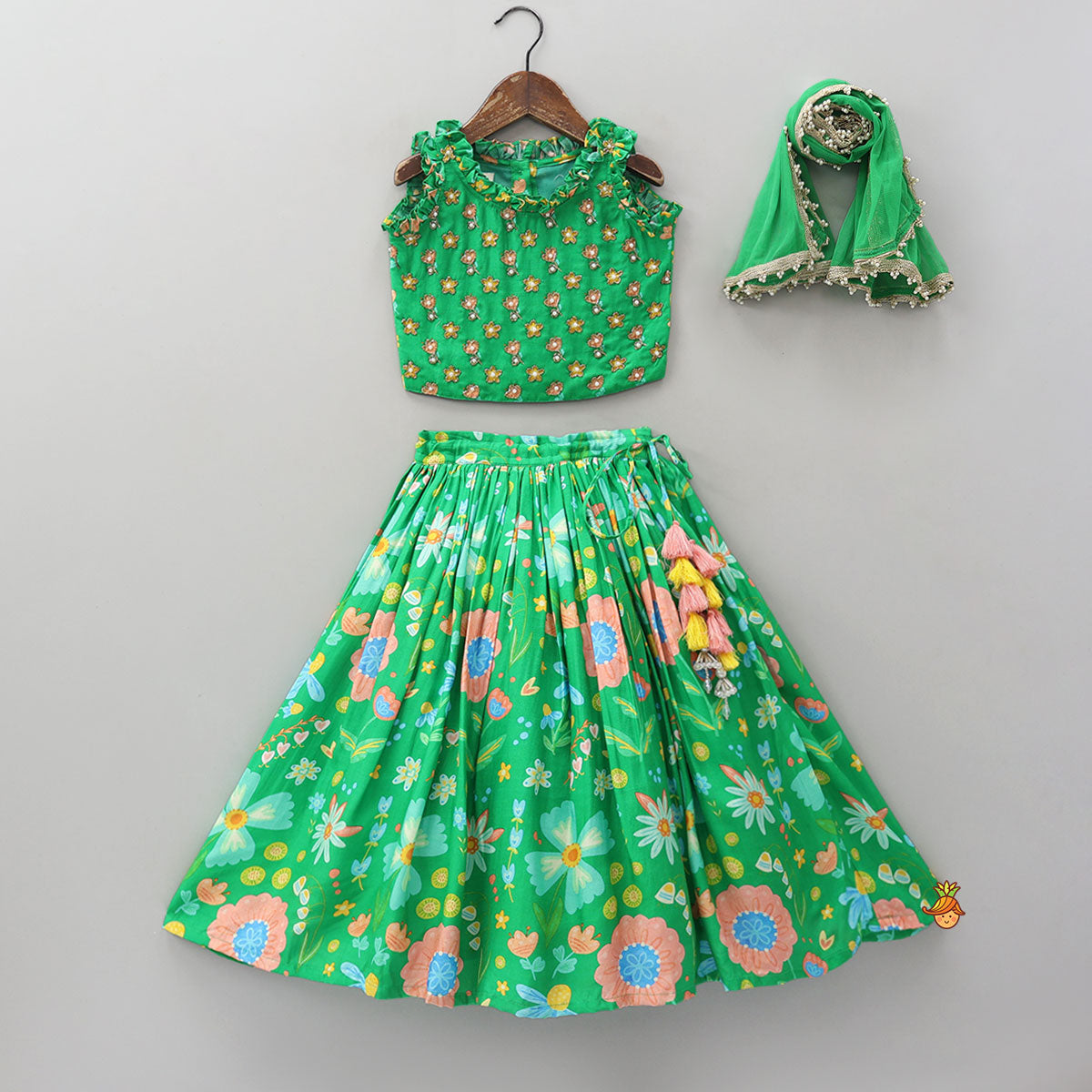 Frilled Neckline Crop Top And Lehenga With Matching Net Dupatta