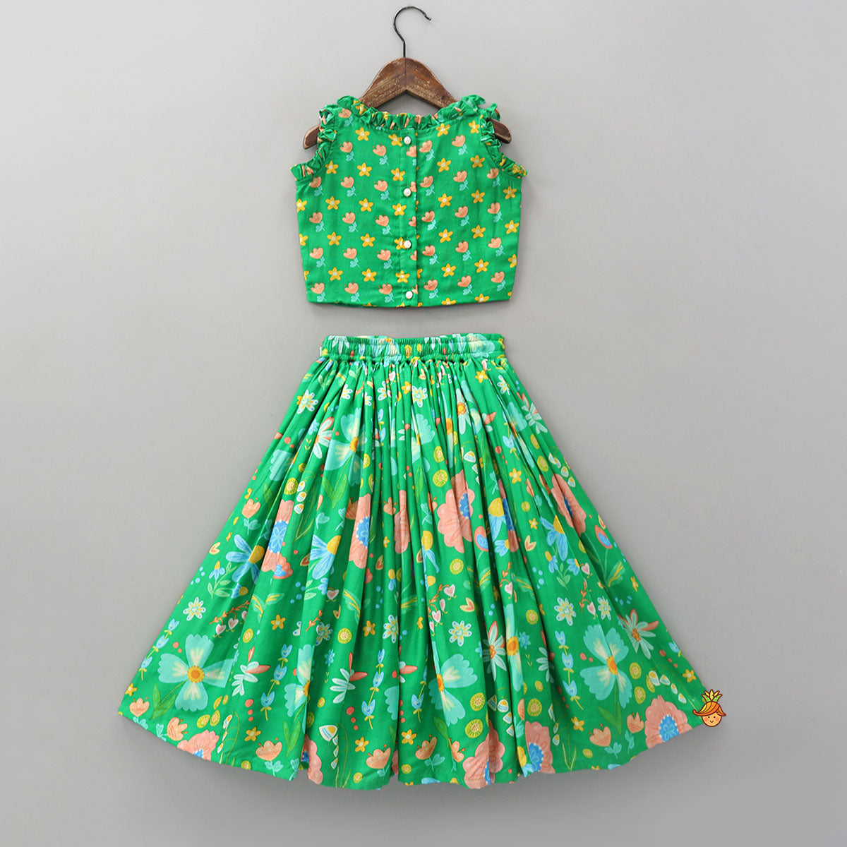 Frilled Neckline Crop Top And Lehenga With Matching Net Dupatta