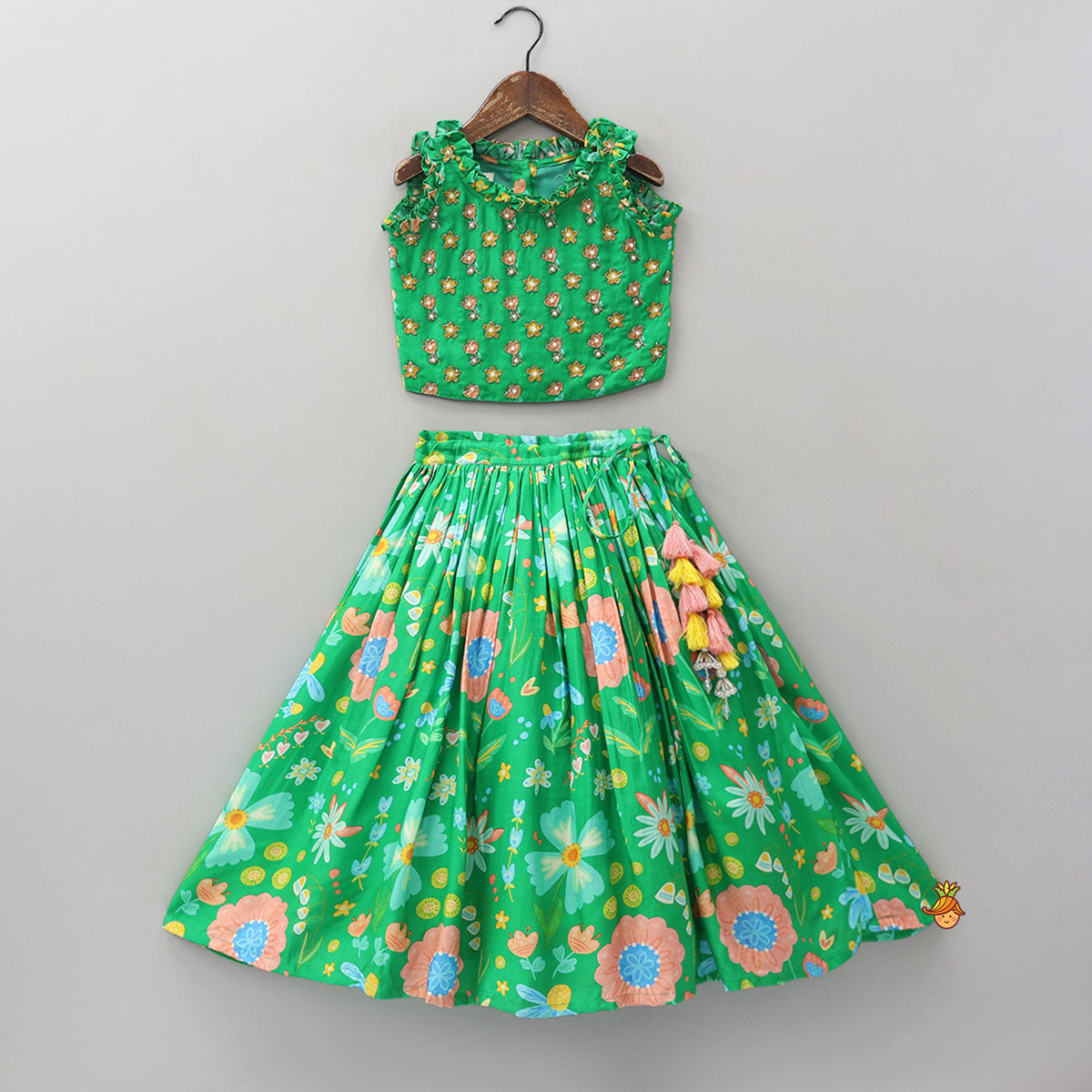 Frilled Neckline Crop Top And Lehenga With Matching Net Dupatta