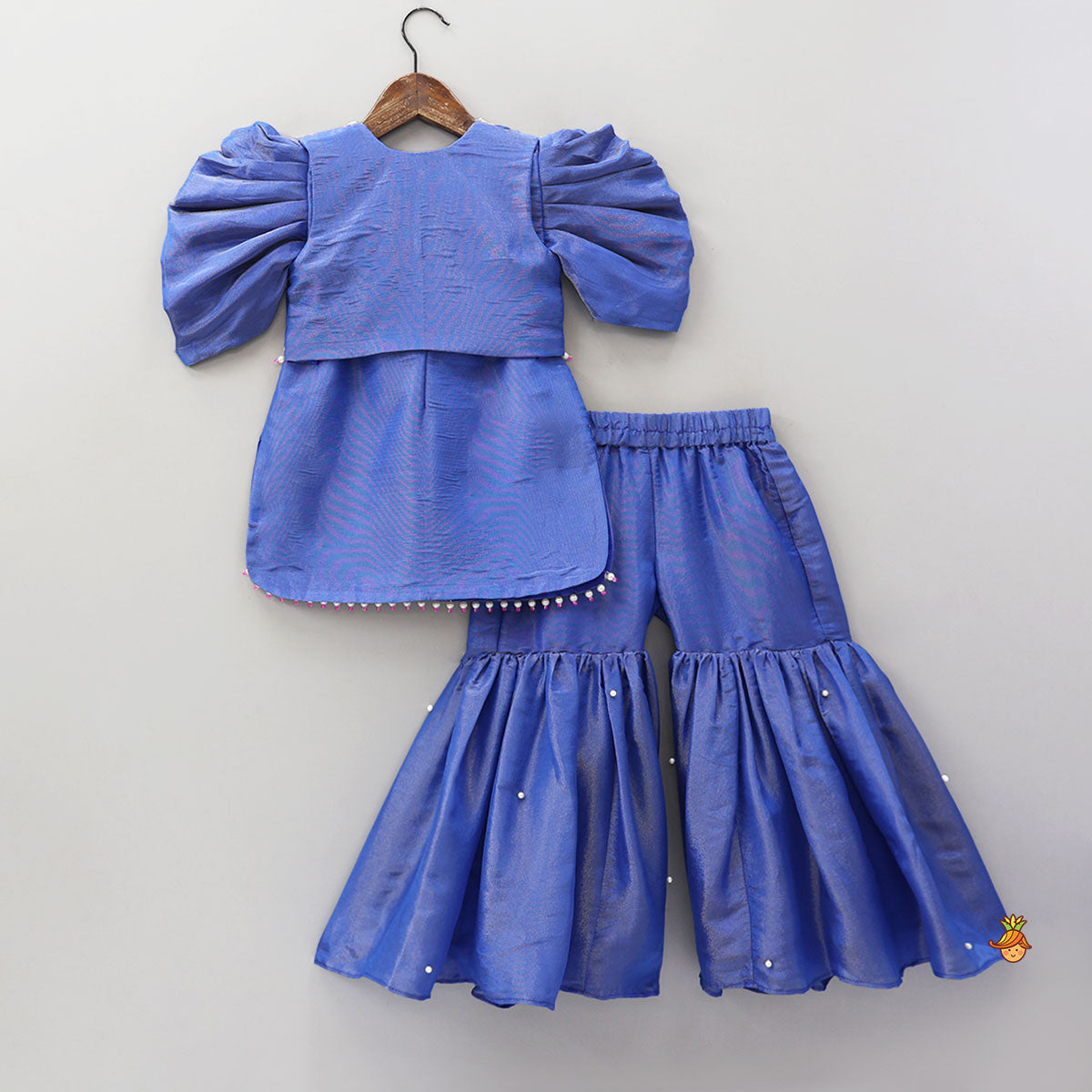 Adorable Shimmery Kurti With Embroidered Jacket And Flared Sharara