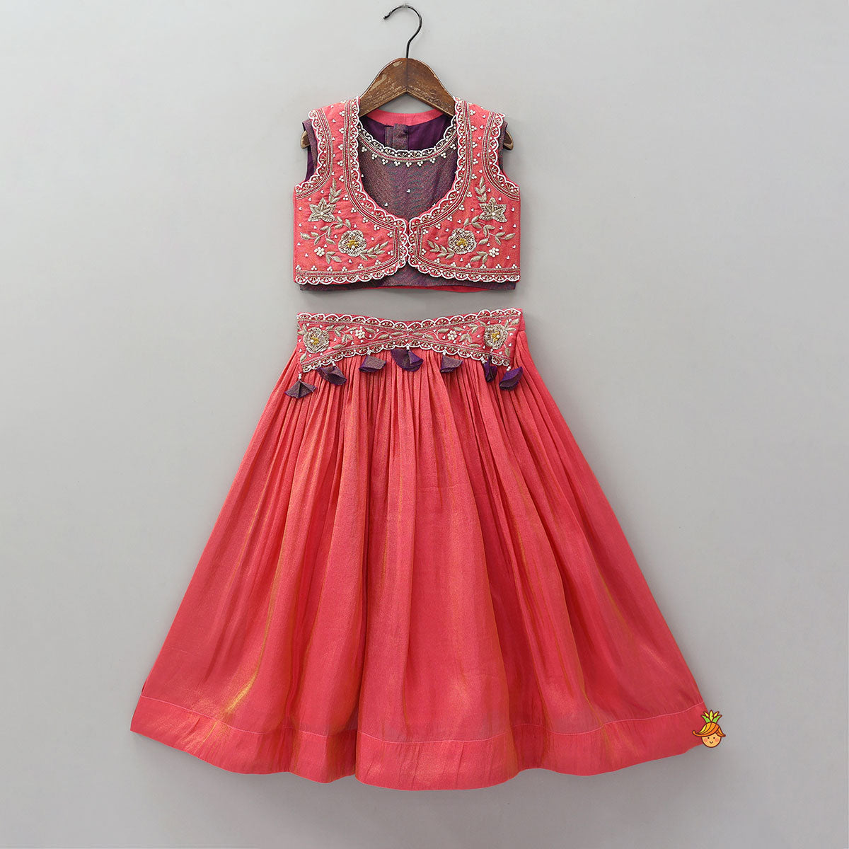 Contrasting Shimmery Crop Top With Embroidered Jacket And Lehenga