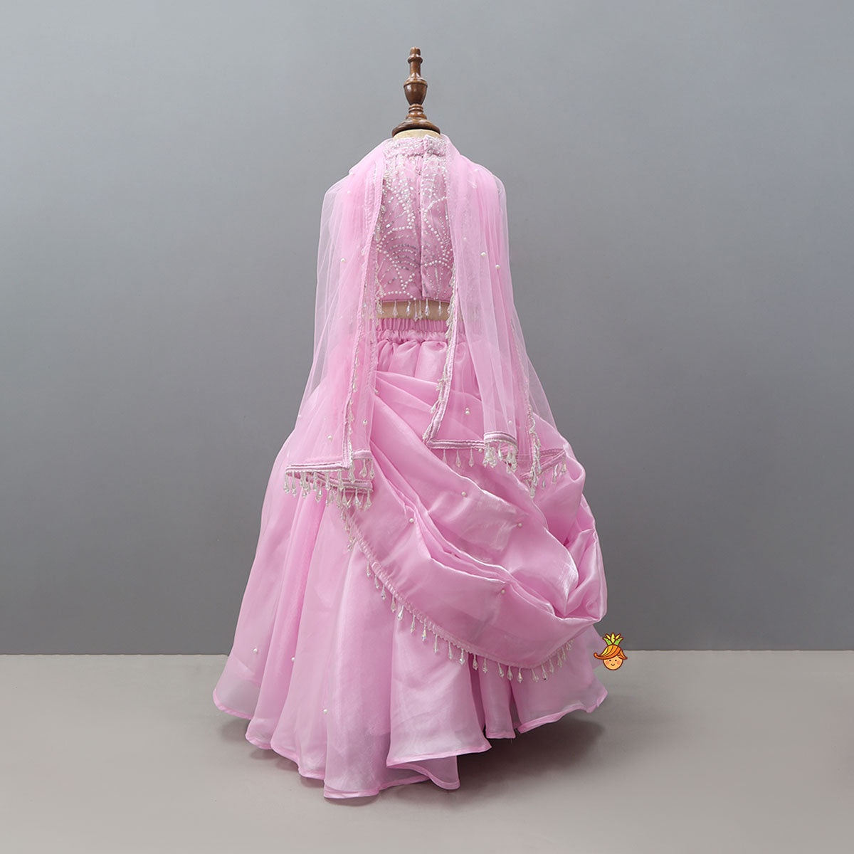 Heavy Embroidered Crop Top And Attached Drape Lehenga With Coordinated Dupatta