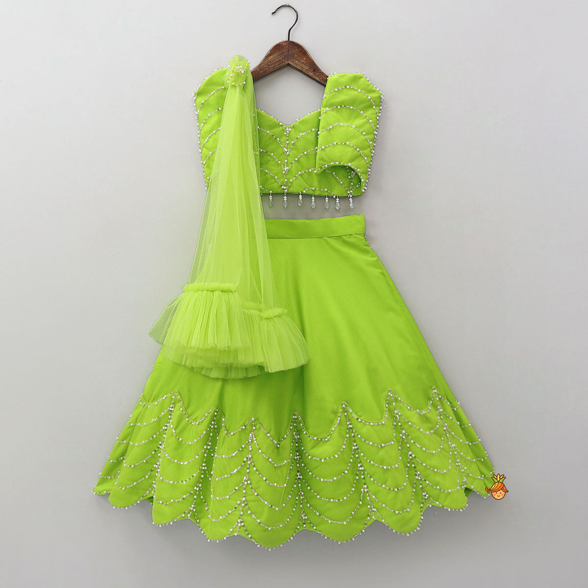 Stylish Sleeves Crop Top And Scalloped Hem Lehenga With Net Dupatta